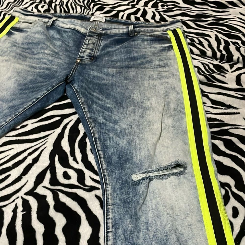 Mackeen market men’s striped neon green ripped skinny jeans Y2K acid wash size42 - Picture 3 of 14